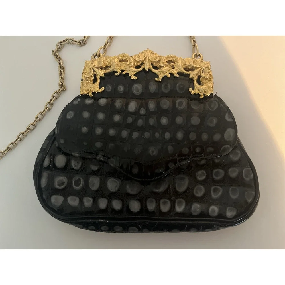 GLEN MILLER FOR ANN TURK EVENING HANDBAG BLACK EMBOSSED LEATHER, EC